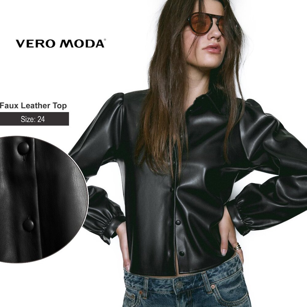 Vera Moda Faux leather shirt with puff sleeves